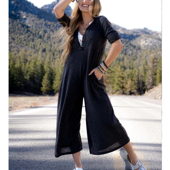 NWOT Three Bird Nest Simply Comfort Jumpsuit Charcoal Grey Size Medium - Picture 11 of 12